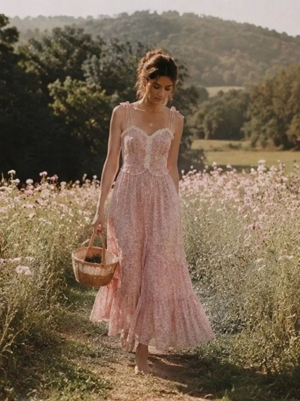 Vintage Candi Jones California Pink Floral Prairie Maxi Dress Cottagecore S